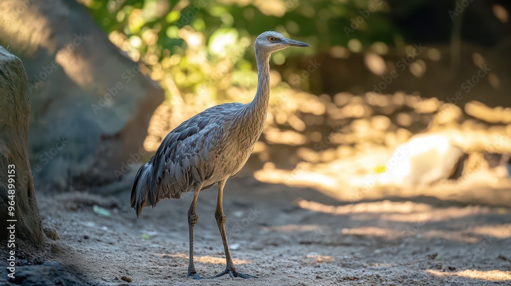 Naklejka premium A heron standing on the sandy ground in a sunlit forest clearing