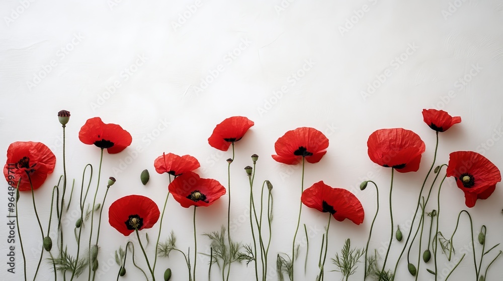 Naklejka premium Red poppy flowers on white background, nature and minimalism concept