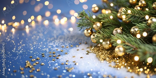 Beautiful abstract background with dark and golden particles .Christmas Golden light shine particles broken on navy blue background. Gold foil texture.  Holiday.