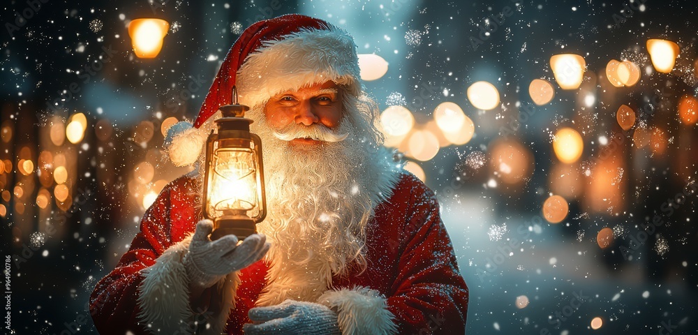 Santa Claus with a lantern in his hand against the background of city lights, creating a Christmas atmosphere Santa Claus with a lantern in his hand against the background of city lights, creating a Christmas atmosphere