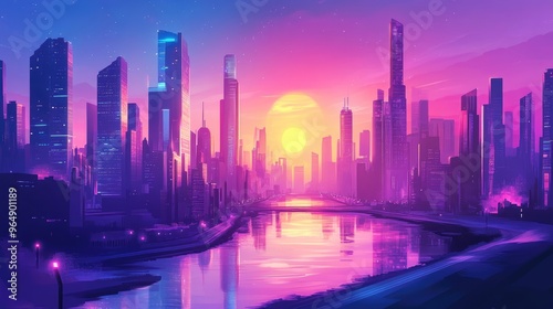 Beautiful futuristic city with retro skyscrapers and a river, blending cyberpunk aesthetics with a dynamic, vibrant vector backdrop