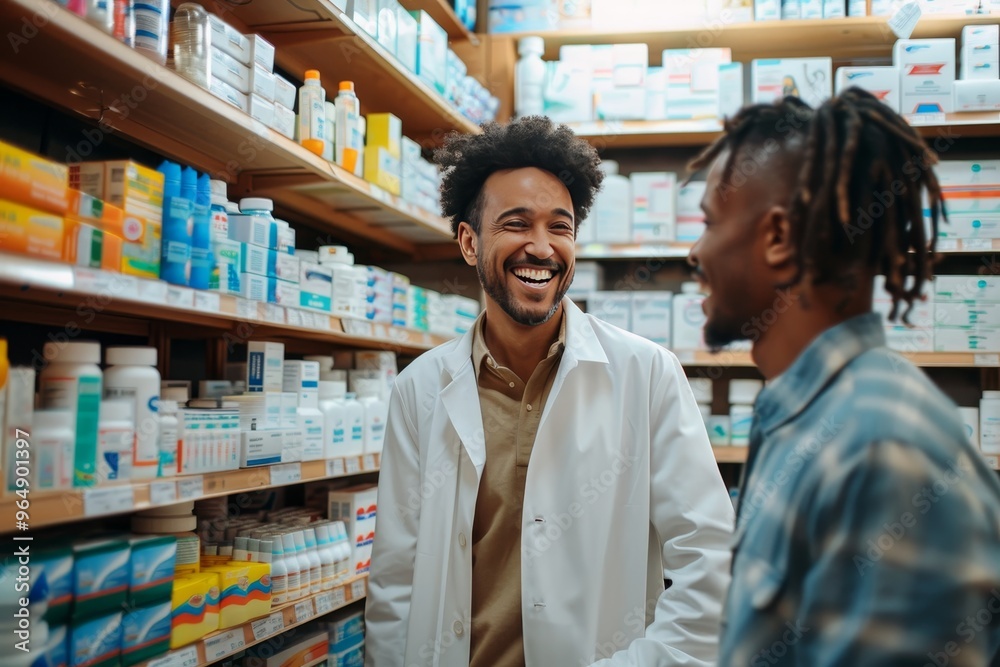 Joyful man selects medication with assistance from young pharmacist at local drugstore Joyful man selects medication with assistance from young pharmacist at local drugstore