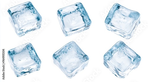 The collection of transparent ice cubes is shaped differently