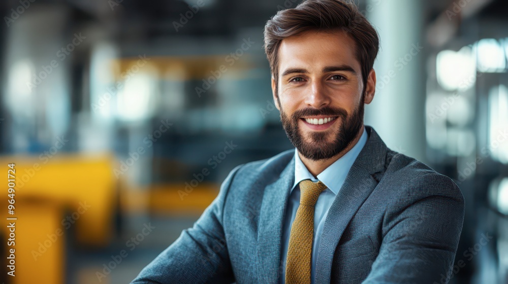 Obraz premium Confident businessman smiling at the office during daytime hours