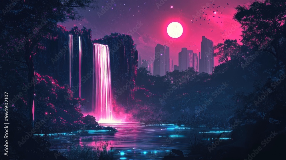 Obraz premium Cyberpunk-inspired forest with neon trees, a radiant waterfall, and moonlight, captured in a retro-futuristic vector landscape