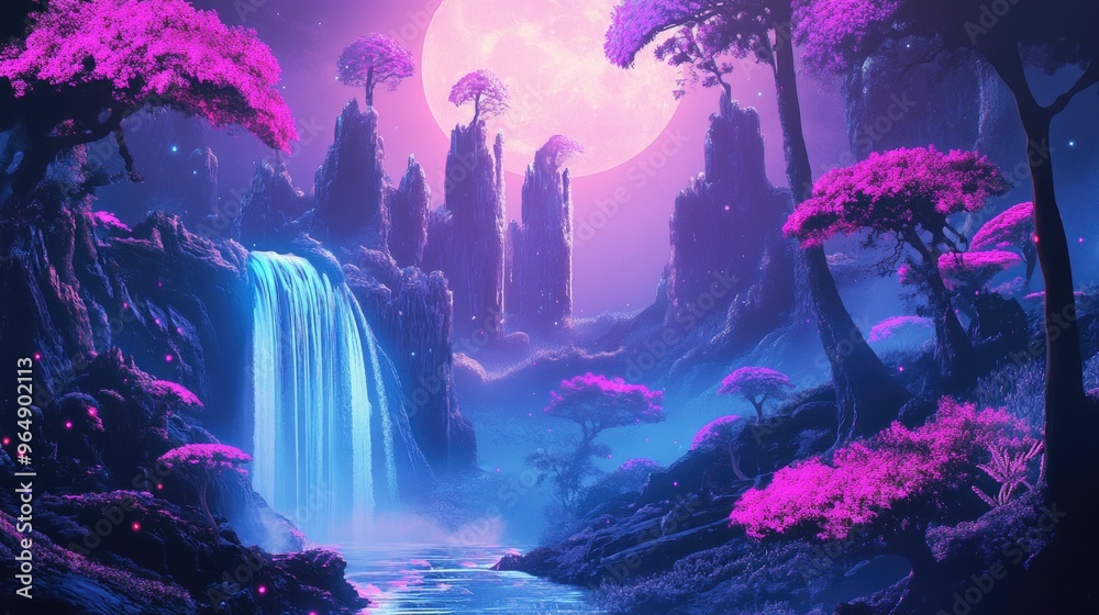 Obraz premium Cyberpunk-inspired forest with neon trees, a radiant waterfall, and moonlight, captured in a retro-futuristic vector landscape