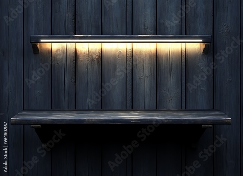 A modern interior with dual lit shelves and dark wood paneling photo