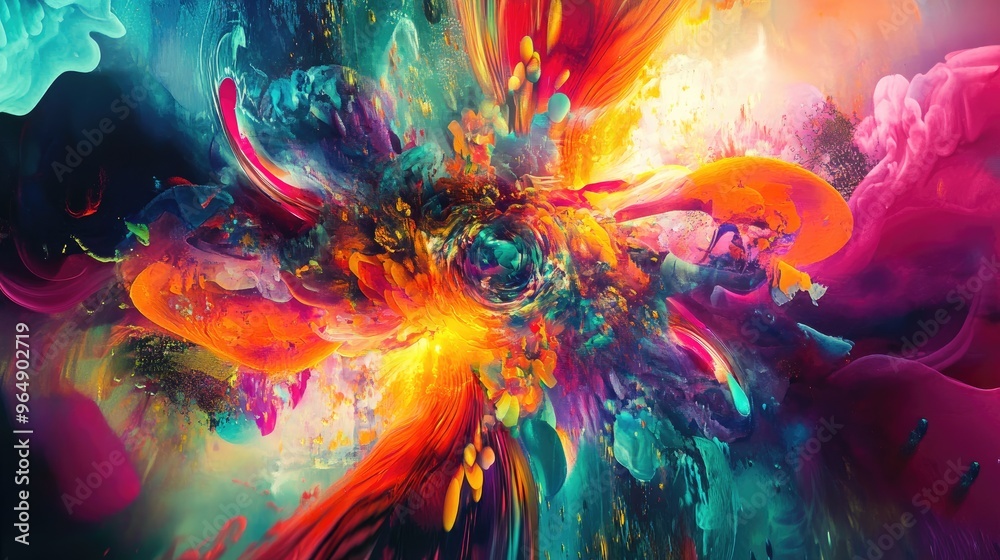 Obraz premium Kaleidoscope-inspired digital artwork with vibrant color explosions, swirling abstract elements, and futuristic geometric shapes