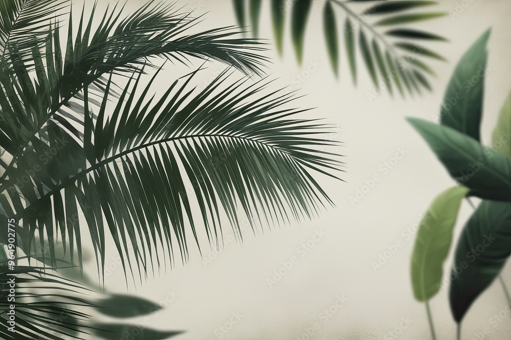 Fototapeta premium Elegant Palm Frond Silhouette with Soft Tones and Blurred Tropical Leaf Graphics for Spring and Summer Home Decor