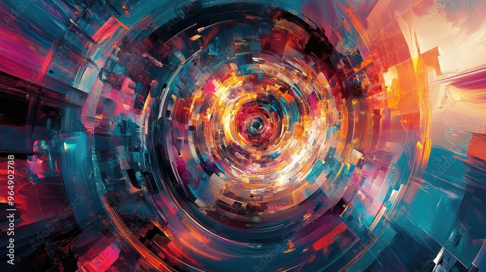 Fototapeta premium Mesmerizing digital artwork featuring vibrant colors, abstract elements, and dynamic swirling patterns in a futuristic kaleidoscope style