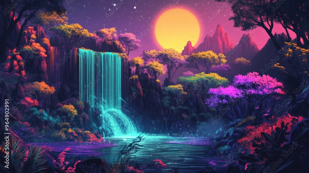 Fototapeta premium Retro-futurism forest landscape with neon trees, a radiant waterfall, and glowing moonlight, set against a cyberpunk vector background