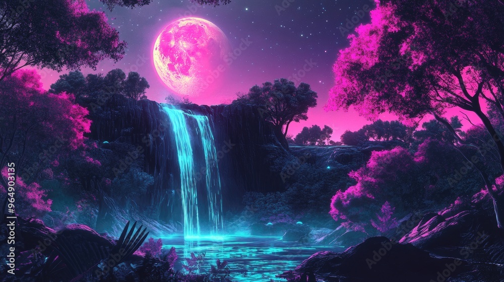 Retro-futuristic forest landscape with neon trees and a glowing waterfall, bathed in moonlight and set against a cyberpunk vector background