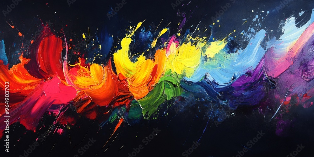 Abstract colorful oil painting with strokes of red, orange, yellow, green, blue, and purple against a dark background. Abstract colorful oil painting with strokes of red, orange, yellow, green, blue, and purple against a dark background.