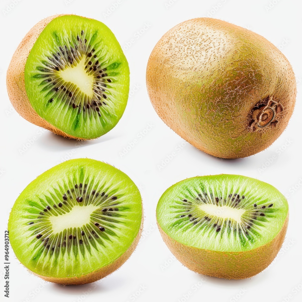 Fototapeta premium Kiwi fruit collection showing whole and halved fruits isolated on white background