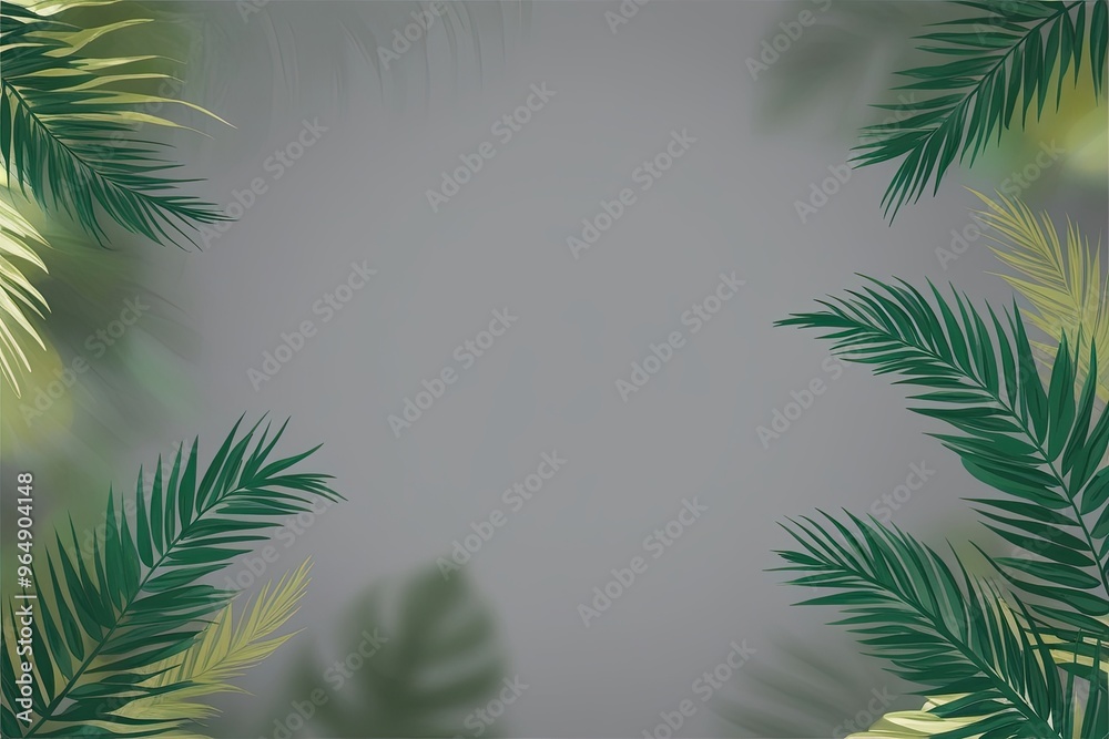 Whimsical Tropical Palm Leaves Silhouette with Soft Grey Background and Blurred Overlay for Spring and Summer Decor Whimsical Tropical Palm Leaves Silhouette with Soft Grey Background and Blurred Overlay for Spring and Summer Decor