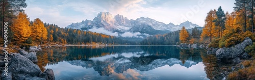 Majestic Mountain Lake with Autumn Forest and Clear Reflection