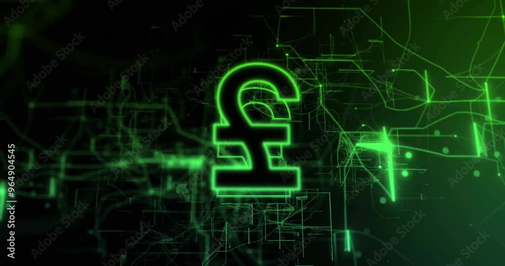 Animation of british pound sign and data processing over black background Animation of british pound sign and data processing over black background