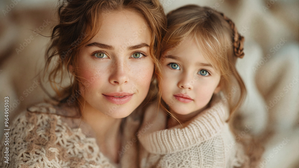 A mother and daughter wearing cozy knit sweaters, gazing softly at the camera, surrounded by warm, neutral tones, highlighting their close bond and natural beauty A mother and daughter wearing cozy knit sweaters, gazing softly at the camera, surrounded by warm, neutral tones, highlighting their close bond and natural beauty