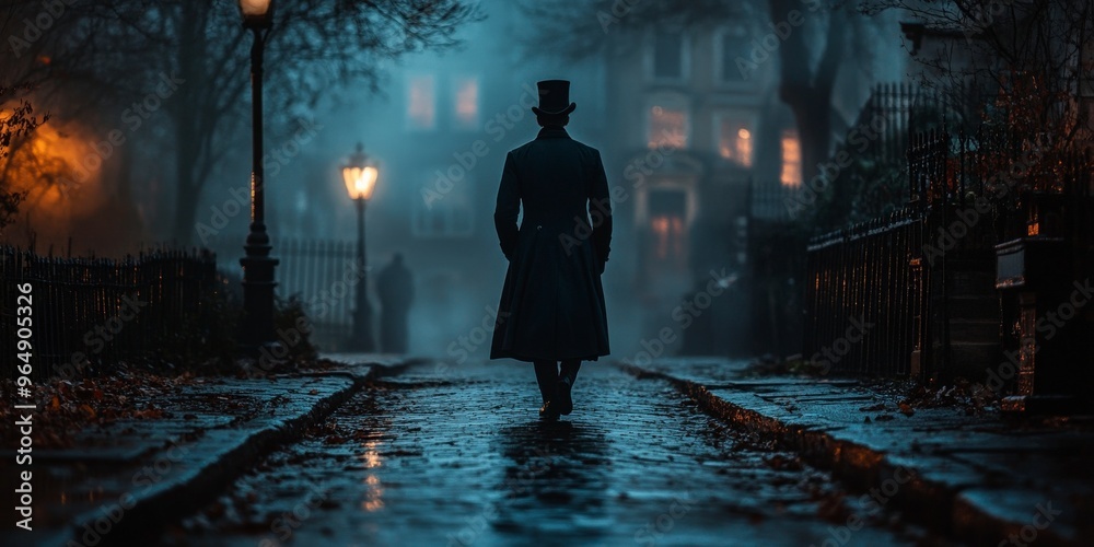 Mysterious Man in Top Hat Walking Down Foggy Street Mysterious Man in Top Hat Walking Down Foggy Street