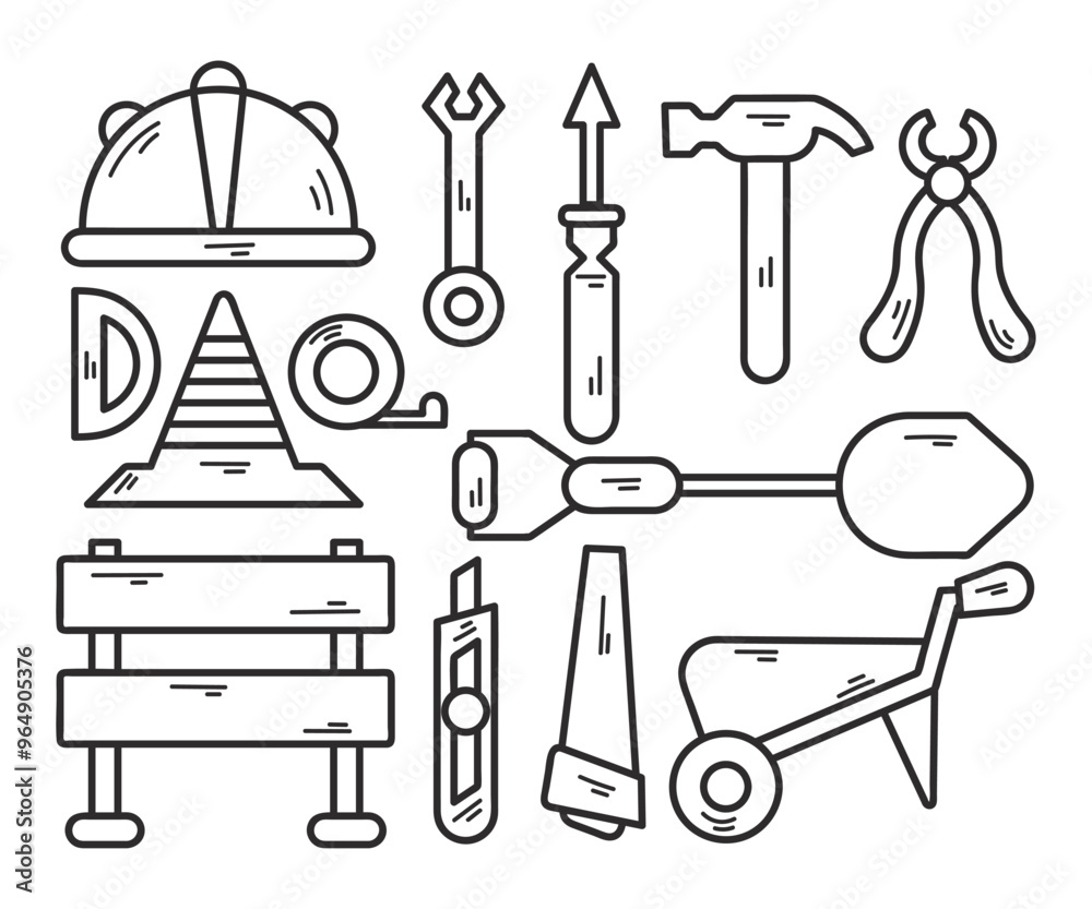 Set of Hand Drawn Builder Tools in Black and White Doodle Style