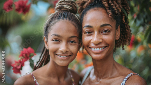 Mother and daughter smiling brightly, standing closely together outdoors, surrounded by vibrant flowers and greenery, radiating warmth and joy