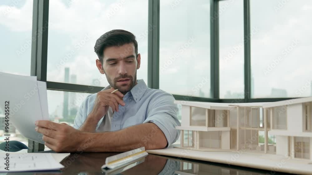 Portrait of handsome architect engineer planning, thinking house construction while looking at house model on table with architectural equipment, house model, blueprint. Skyscraper view. Tracery Portrait of handsome architect engineer planning, thinking house construction while looking at house model on table with architectural equipment, house model, blueprint. Skyscraper view. Tracery