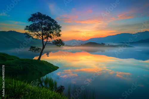 Dawn's Embrace: Nature's Serene Awakening Over Rolling Hills, Reflective Lake, and Misty Mountains