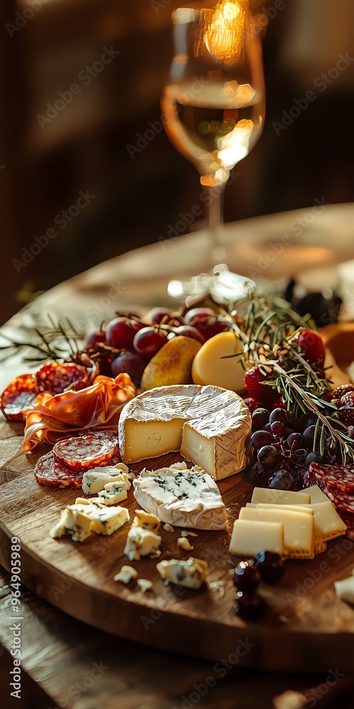 Gourmet cheese board with wine, grapes, and salami. Gourmet cheese board with wine, grapes, and salami.