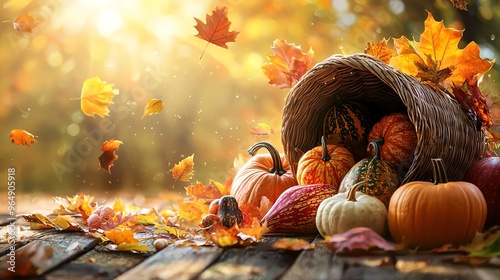 Autumn harvest with pumpkins and gourds in a cornucopia on a wooden table. photo
