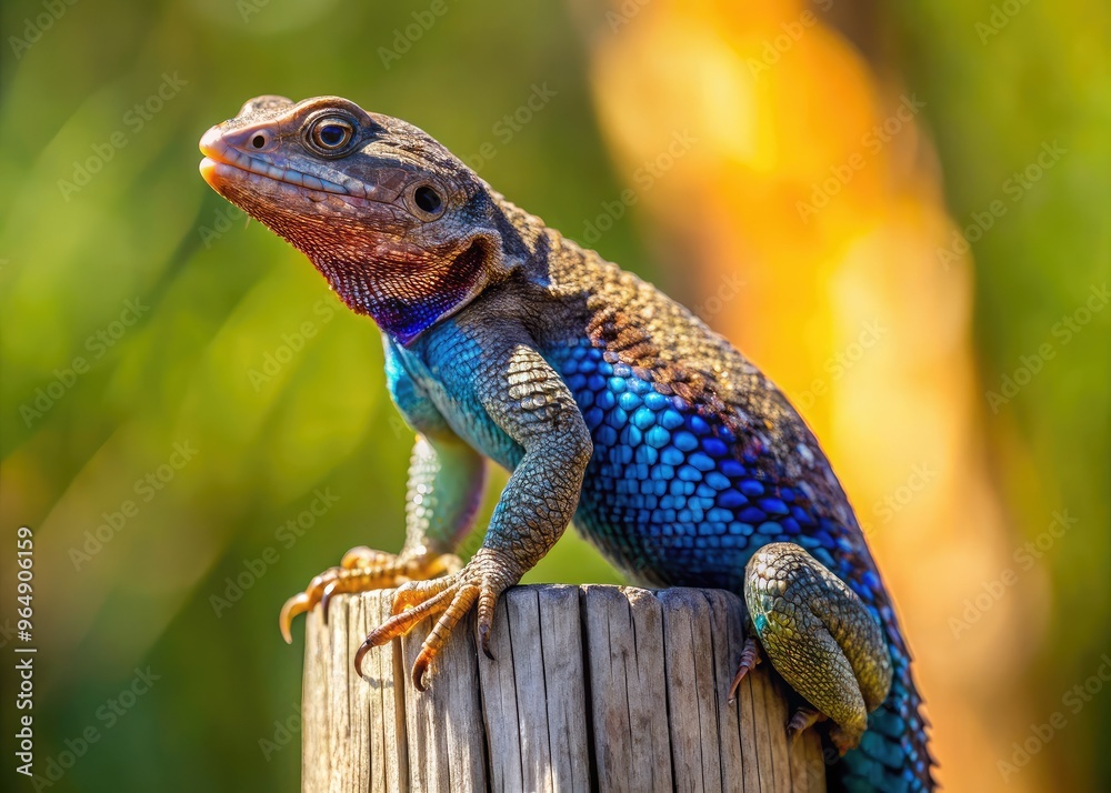 A colorful western fence lizard perches on a weathered wooden fence post, its scaly skin glistening in the warm sunlight amidst a rustic countryside backdrop. A colorful western fence lizard perches on a weathered wooden fence post, its scaly skin glistening in the warm sunlight amidst a rustic countryside backdrop.