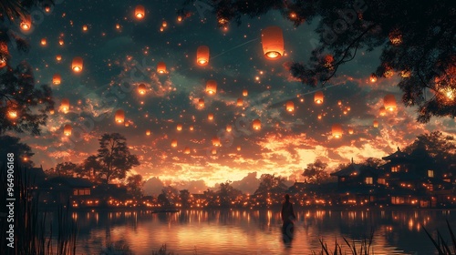 Floating Lanterns Over Japanese Village