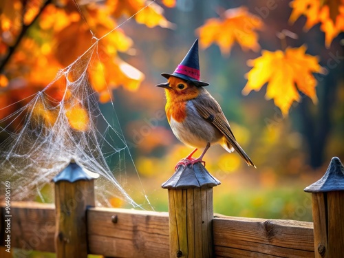 A creative bird perches on a wooden fence, adorned with a miniature witch's hat and tiny cape, surrounded by autumn leaves and spider webs. photo