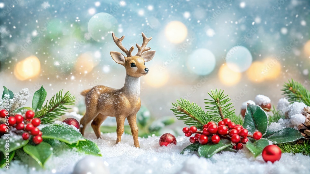 Adorable festive scene featuring a tiny reindeer figurine surrounded by snowflakes, holly, and glittering decorations on a soft, white background. Adorable festive scene featuring a tiny reindeer figurine surrounded by snowflakes, holly, and glittering decorations on a soft, white background.