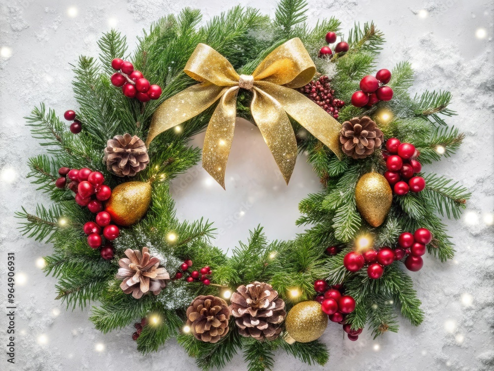 A festive evergreen wreath adorned with crimson ribbons, golden pinecones, and snow-kissed berries, adorned with a delicate sparkling garland, against a crisp winter white background. A festive evergreen wreath adorned with crimson ribbons, golden pinecones, and snow-kissed berries, adorned with a delicate sparkling garland, against a crisp winter white background.