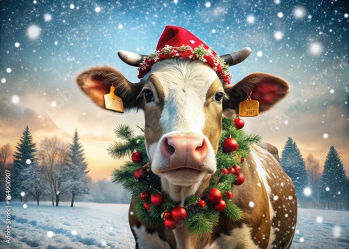 A festive cow wears a Santa hat and red scarf amidst a winter wonderland scene with snowflakes, holly, and twinkling lights on a rural farm backdrop.