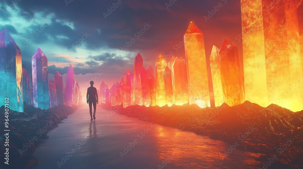 Silhouette Walking Towards Glowing Crystals Silhouette Walking Towards Glowing Crystals