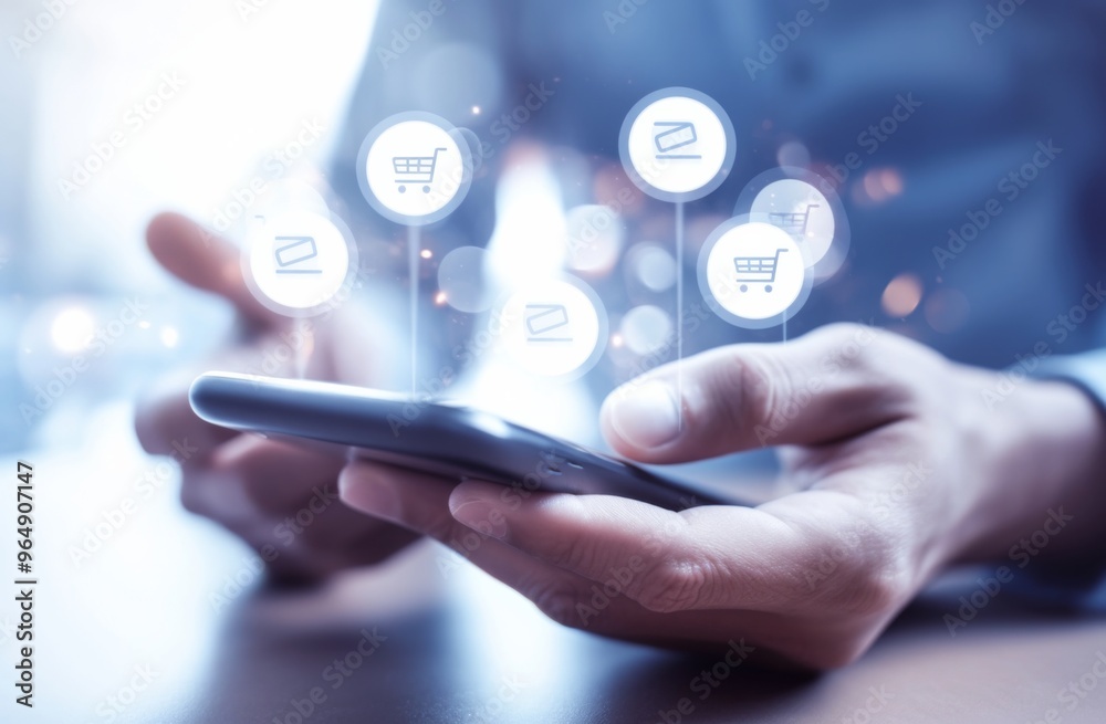 Person Holding Phone with Floating White Shopping Cart Icons, Indicating Online Shopping and E-Commerce Activities. Neutral Background, Emphasis on Hands and Modern Retail Marketing Through Digital De Person Holding Phone with Floating White Shopping Cart Icons, Indicating Online Shopping and E-Commerce Activities. Neutral Background, Emphasis on Hands and Modern Retail Marketing Through Digital De