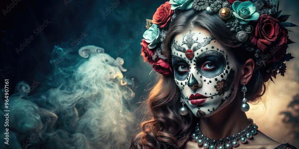 A hauntingly beautiful woman with intricately designed sugar skull makeup, adorned with rhinestones and lace, posing in a dimly lit, eerie atmosphere.