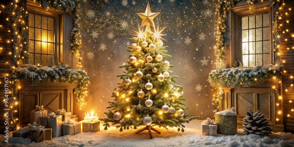 A lavish, snow-covered Christmas tree stands tall, adorned with golden ornaments, twinkling fairy lights, and a majestic star atop, set against a warm, cozy background. A lavish, snow-covered Christmas tree stands tall, adorned with golden ornaments, twinkling fairy lights, and a majestic star atop, set against a warm, cozy background.