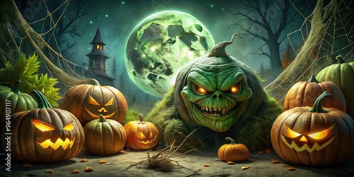 A green, grumpy creature lurks in the shadows of a spooky Halloween night, surrounded by jack-o-lanterns, cobwebs, and a full moon casting an eerie glow. photo