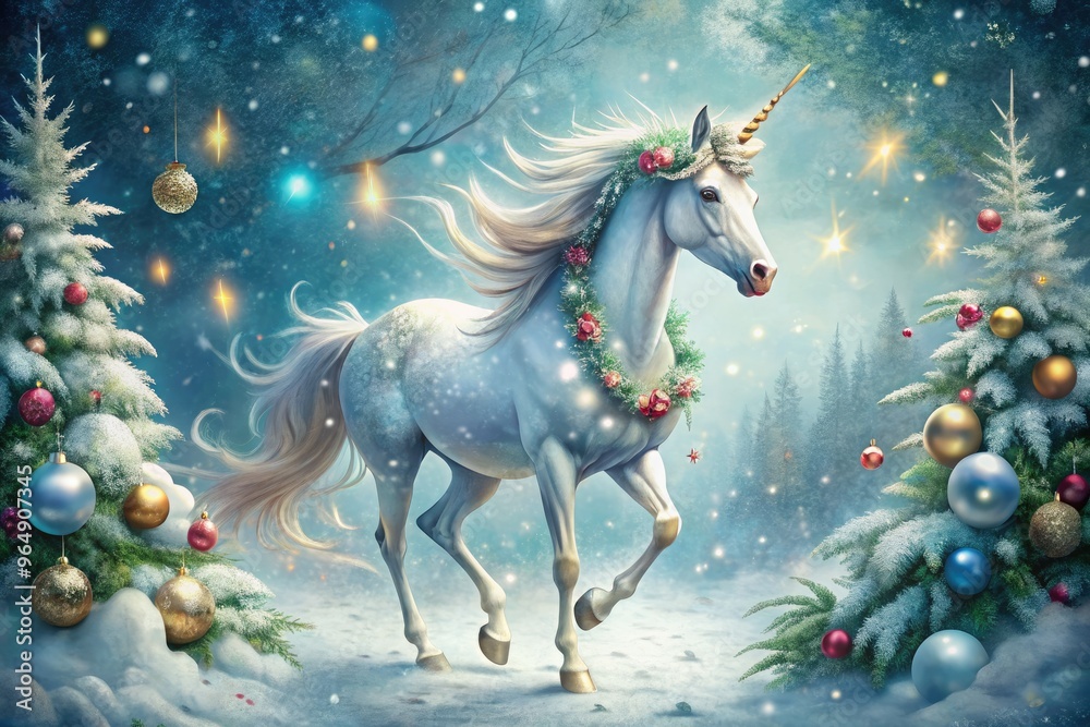 A majestic, snowflakes-covered unicorn with a radiant horn and garland-adorned neck prances amidst a whimsical winter wonderland backdrop, surrounded by sparkling ornaments and holiday magic. A majestic, snowflakes-covered unicorn with a radiant horn and garland-adorned neck prances amidst a whimsical winter wonderland backdrop, surrounded by sparkling ornaments and holiday magic.
