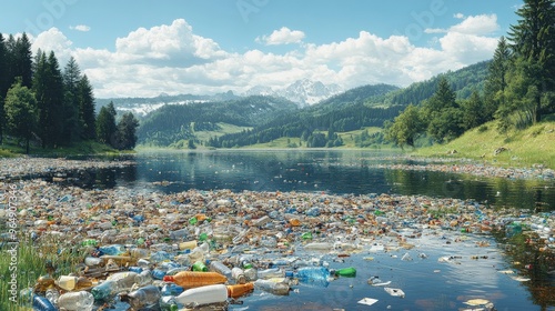 Polluted Lake with Plastic Waste and Green Surrounding Hills