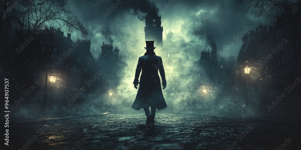 Mysterious Man in Top Hat Walking Down Foggy Street Mysterious Man in Top Hat Walking Down Foggy Street