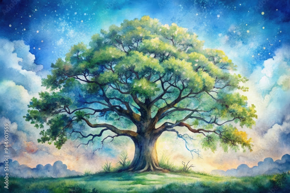 A serene and whimsical watercolor illustration of a majestic oak tree with sprawling branches and leaves, set against a soft, dreamy blue background. A serene and whimsical watercolor illustration of a majestic oak tree with sprawling branches and leaves, set against a soft, dreamy blue background.