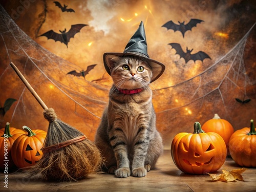 A playful cat wears a witch's hat and holds a mini broom, sitting on a spooky backdrop with cobwebs, bats, and jack-o-lanterns, celebrating Halloween. photo
