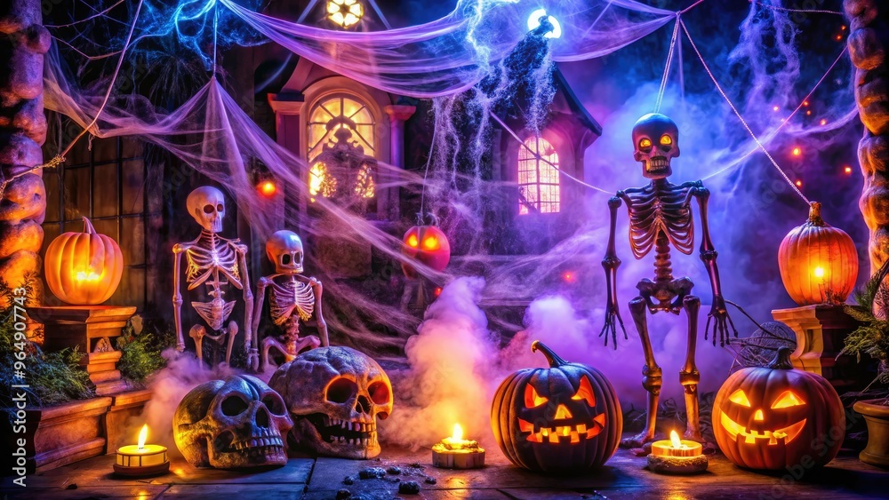 A spooky Halloween scene unfolds with black lights illuminating eerie decorations, casting an ominous glow on cobweb-covered skeletons, glowing jack-o'-lanterns, and eerie fog-filled atmosphere. A spooky Halloween scene unfolds with black lights illuminating eerie decorations, casting an ominous glow on cobweb-covered skeletons, glowing jack-o'-lanterns, and eerie fog-filled atmosphere.