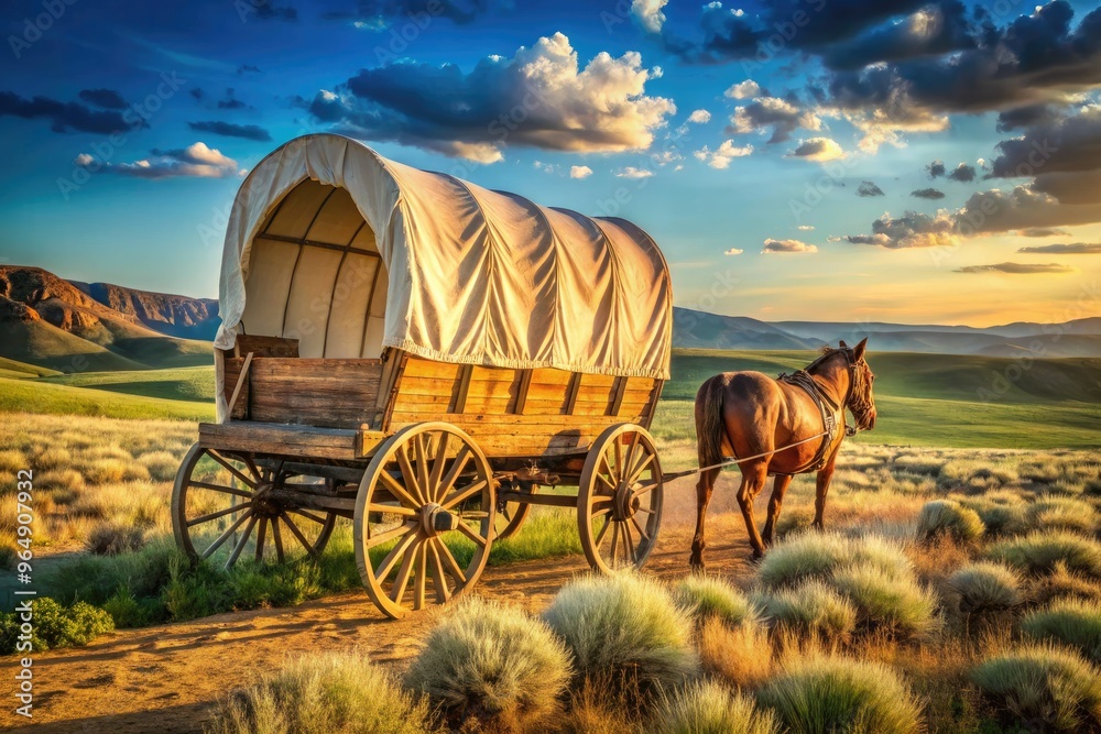 Obraz premium A vintage horse-drawn covered wagon, adorned with rustic wooden wheels and ornate metal fixtures, travels through a sun-drenched, open western landscape.