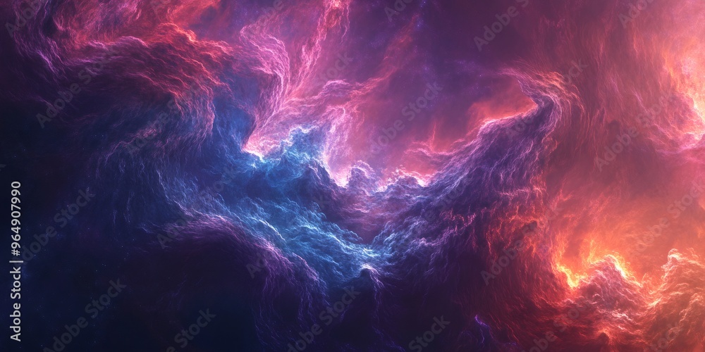 Abstract cosmic nebula with red and blue swirling clouds, glowing and sparkling dust. Abstract cosmic nebula with red and blue swirling clouds, glowing and sparkling dust.