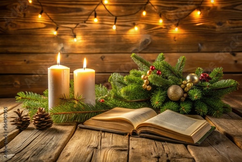 A warmly lit, rustic wooden table adorned with evergreen branches, candles, and a beautifully decorated Bible, evoking a peaceful and reverent Christmas atmosphere.