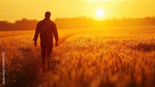 A farmer silhouette at sunset walking through an oat field, with warm golden light illuminating the scene.